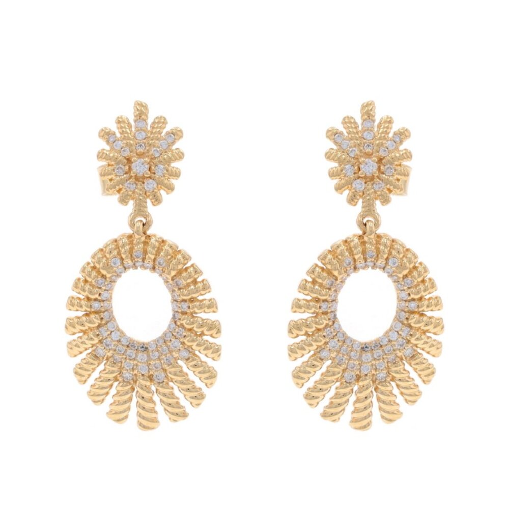 Yellow Gold Diamond Starburst Oval Dangle Earrings - 14k Round .46ctw Pierced